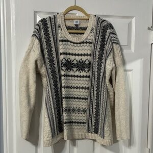 CAbi Cream and Black Patterned Crewneck Sweater